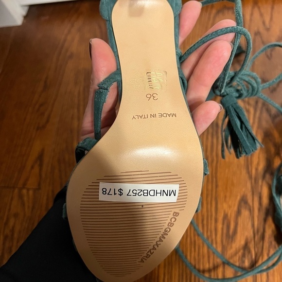 BCBGMAXAZRIA Green Suede High Heels Sz 36 Tassel Ankle Wrap - Picture 9 of 9